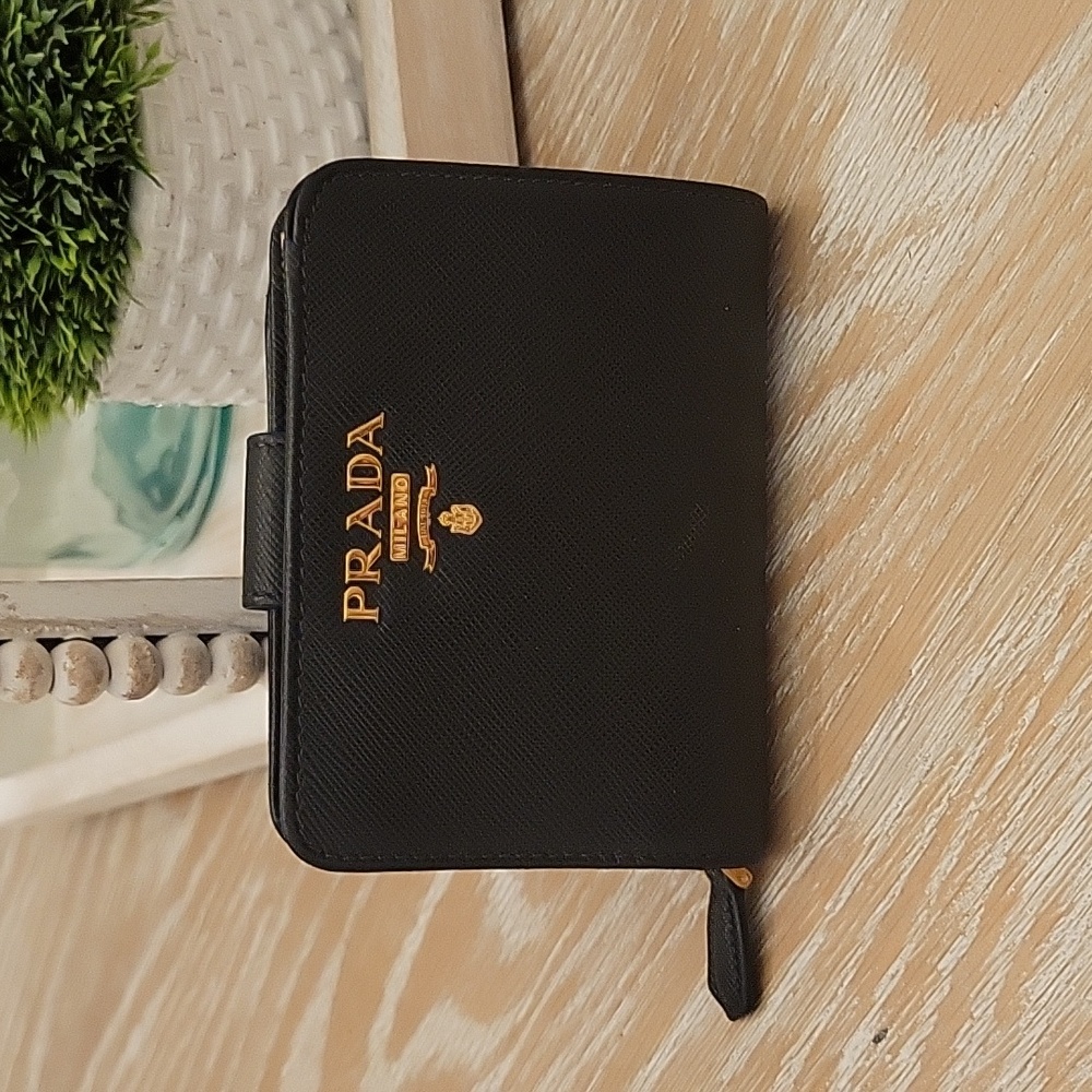 Prada Black Saffiano Leather Zip Wallet with Gold Logo